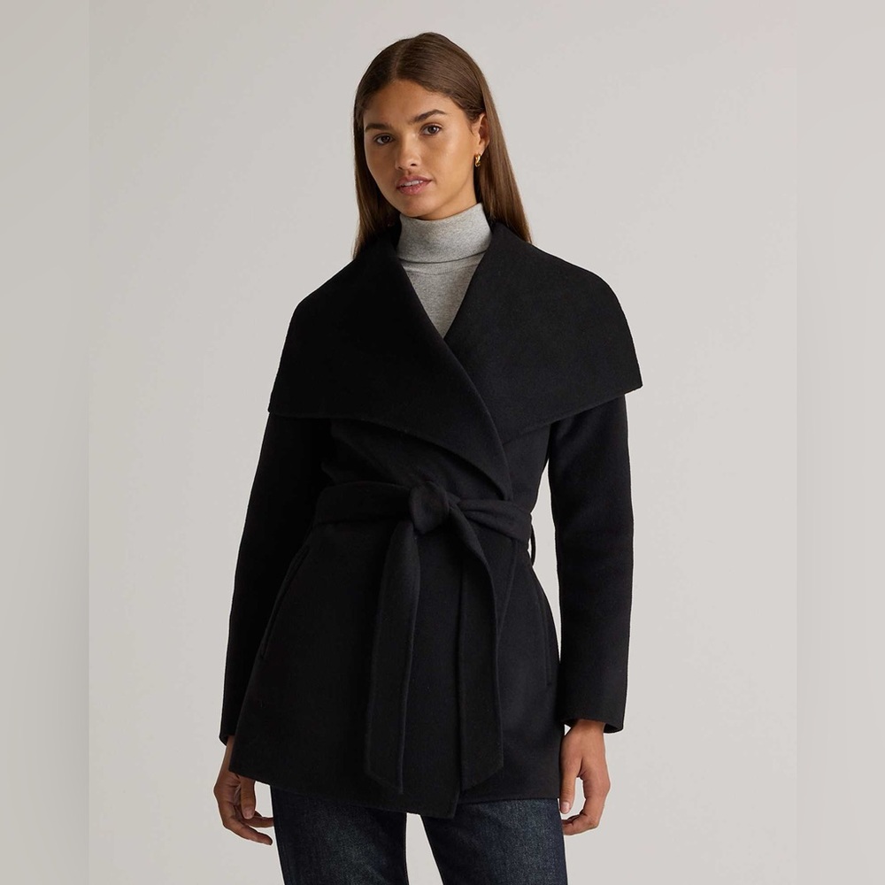 Quince Double-Faced Merino Wool Draped Collar Short Wrap Coat XS Black